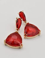 Christmas earrings Canada with ruby red teardrop and shield-cut stones in gold setting, hypoallergenic holiday jewelry