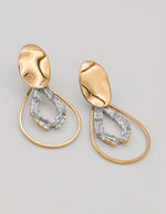 gold dangly earrings with unique crystal drop frame, stylish montreal minimalist jewellery for women