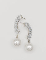 crystal_pearl_arc_ear_wings top view showing silver arc and pearl jewellery