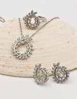 silver luxe leaf swirl sparkle set ring and pendant, circle pendant necklace canada, elegant jewellery set for women