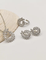 sparkling luxe leaf swirl jewellery set with pendant, earrings, and adjustable ring, montreal jewellery brand gift for her canada