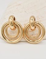 glossy gold earrings women with geometric hoop pattern, minimalist canadian jewellery for everyday outfits