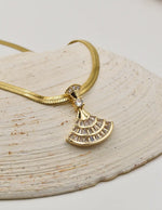 gold fan pendant necklace on snake chain with cubic zirconia stones, elegant pendant necklace for women canada