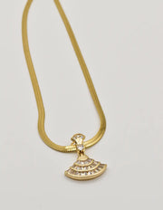 gold plated snake-chain necklace with fan shaped pendant, montreal minimalist jewellery gift for her