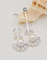 silver starlet pearl fan drop earrings with baguette crystals, minimalist jewellery canada, prom earrings for her outfit