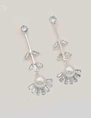sparkling silver pearl earrings with baguette crystal fan, layering earrings for women, tiktok viral prom jewellery canada