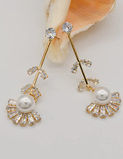 gold pearl earrings with baguette crystal fan and stud top, canadian prom earrings trending, gift for her minimalist jewellery