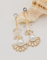 gold starlet pearl fan drop earrings with crystal accents, elegant prom earrings for women, trending canadian jewellery gift