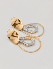 angled view of gold crystal drop dangly earrings, modern montreal minimalist jewellery for women