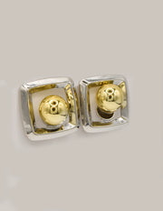 luxe dual tone square ball earrings with golden sphere and silver frame modern stud design montreal minimalist jewelry canada