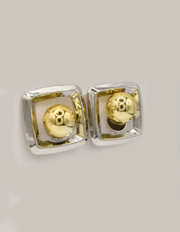luxe dual tone square ball earrings with golden sphere and silver frame modern stud design montreal minimalist jewelry canada