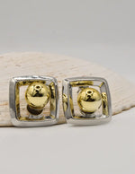 elegant luxe dual tone square ball earrings gold ball with silver square frame statement studs for women montreal jewelry store canada