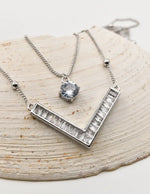 silver initial necklace with v pendant and crystal charm on chain