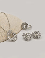 luxe leaf swirl sparkle set necklace and earrings with crystal circle pendant, montreal minimalist jewelry gift for her canada