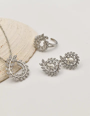 sparkling luxe leaf swirl jewellery set with pendant, earrings, and adjustable ring, montreal jewellery brand gift for her canada