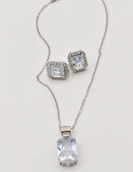 radiant_glamour_silver_set silver chain with rectangular crystal pendant and earrings, layering necklaces for women clean girl jewelry 2025