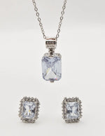 radiant_glamour_silver_set fine silver jewellery set with radiant cut pendant necklace and stud earrings, gift for her jewelry montreal