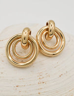 glossy gold earrings women with geometric hoop pattern, minimalist canadian jewellery for everyday outfits