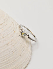 Side profile of the Silver Glow Heart Eternity Ring featuring a pavé‑set band and bezel‑set heart solitaire; dainty jewellery that pairs well with layering necklaces for women and makes a perfect gift for her